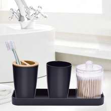 8 pièces, accessoires de salle de bain de luxe en plastique et bambou, distributeur de savon, porte-savon, porte-brosse de toilette, porte-brosse à dents, gobelet, plateau de vanité, distributeur de cotons-tiges, cadeau d'anniversaire, pendaison de crémaillère, Noël, coffret cadeau de vacances (blanc, noir et gris) Rentrée des classes