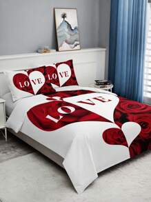 3 件套玫瑰心形字母羽绒被套套装（1 件羽绒被套不含被子，2 件枕套不含枕芯），高清印花，适合居家和宿舍 - 彩色 - 查看 3