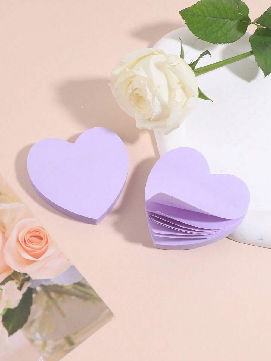 100 Sheets 1pc Creative Purple Heart Shaped Sticky Notes, Cartoon Romantic Stationery Small Gift Memo Pad For Valentine's Day Back To School - Purple - View 1