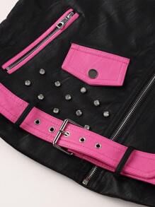Women's Fall/Winter Faux Leather Biker Jacket - Diamond Studded, Asymmetric Zip For Edgy Cold-Weather Street Styling Spring - Pink - View 10