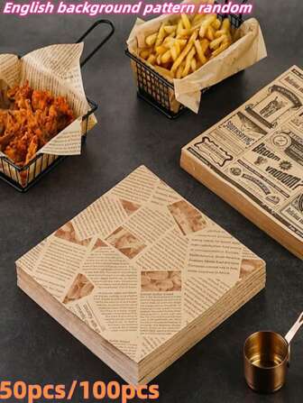 50pcs Thickened Oil-Proof Baking Tray Liners, Fries Burgers And Bread Wrapping Paper, Non-Stick Separate Oil And Heat Proof English Newspaper Design Air Fryer Kitchen Air Fryer Liners Air Fryer Paper Airfryer Air Frier