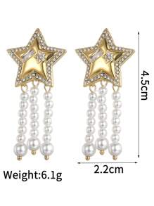 2 piezas Nuevos pendientes de gota larga con diseño de pentágono y pendientes de borla con forma de corazón y perla falsa blanca, elegantes y dulces, regalo para San Valentín, mamá, Día de la Madre