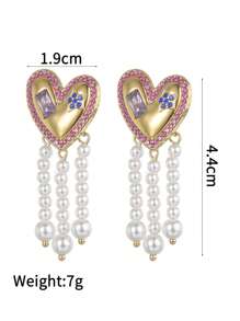 2 piezas Nuevos pendientes de gota larga con diseño de pentágono y pendientes de borla con forma de corazón y perla falsa blanca, elegantes y dulces, regalo para San Valentín, mamá, Día de la Madre