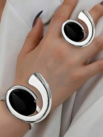 1 set Trendigt mode överdrivna pärlor infällda metallarmband & ringsmycken Mini kostym för kvinnor, perfekt present