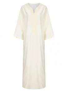 Men's Embroidered Tape Patchwork Notched Collar Striped Long Shirt - White - View 7