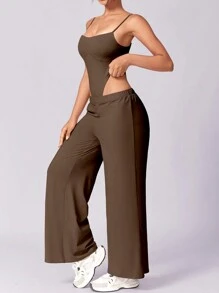 NcmRyu 1 Set Women's Solid Bodysuit Tops Trousers Set Biker Tracksuit Set StreetwearTracksuit Sporty Breathable Comfy Outfits For Gym Workout Running Ladies Sportswear Outfit Going Out Pants Summer - 咖啡棕 - 查看 2