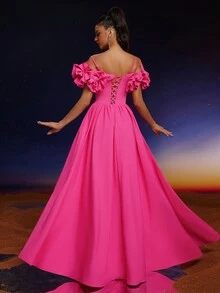 Anymoon Cold Shoulder Ruffles V-Neck Floral Lace Decorated Long Evening Dress - Pink - View 3