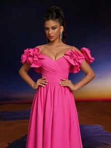 Anymoon Cold Shoulder Ruffles V-Neck Floral Lace Decorated Long Evening Dress - Pink - View 8