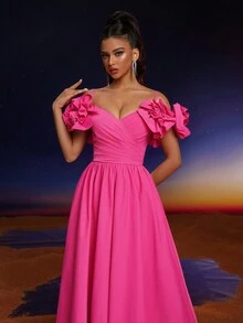 Anymoon Cold Shoulder Ruffles V-Neck Floral Lace Decorated Long Evening Dress - Pink - View 7