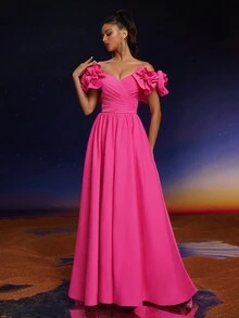 Anymoon Cold Shoulder Ruffles V-Neck Floral Lace Decorated Long Evening Dress - Pink - View 5
