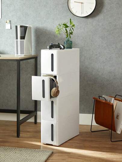  SONGMICS Storage Tower On Wheels, Narrow Kitchen Column, 4 Tier Plastic Shelf, Space Saving, 45 X 17 X 84 Cm, White And Brown