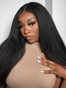 Tóc giả 26 inch màu tự nhiên tổng hợp thẳng xoăn phần giữa chịu nhiệt cho phụ nữ tóc giả thẳng hàng ngày Yaki - màu đen - Xem 1