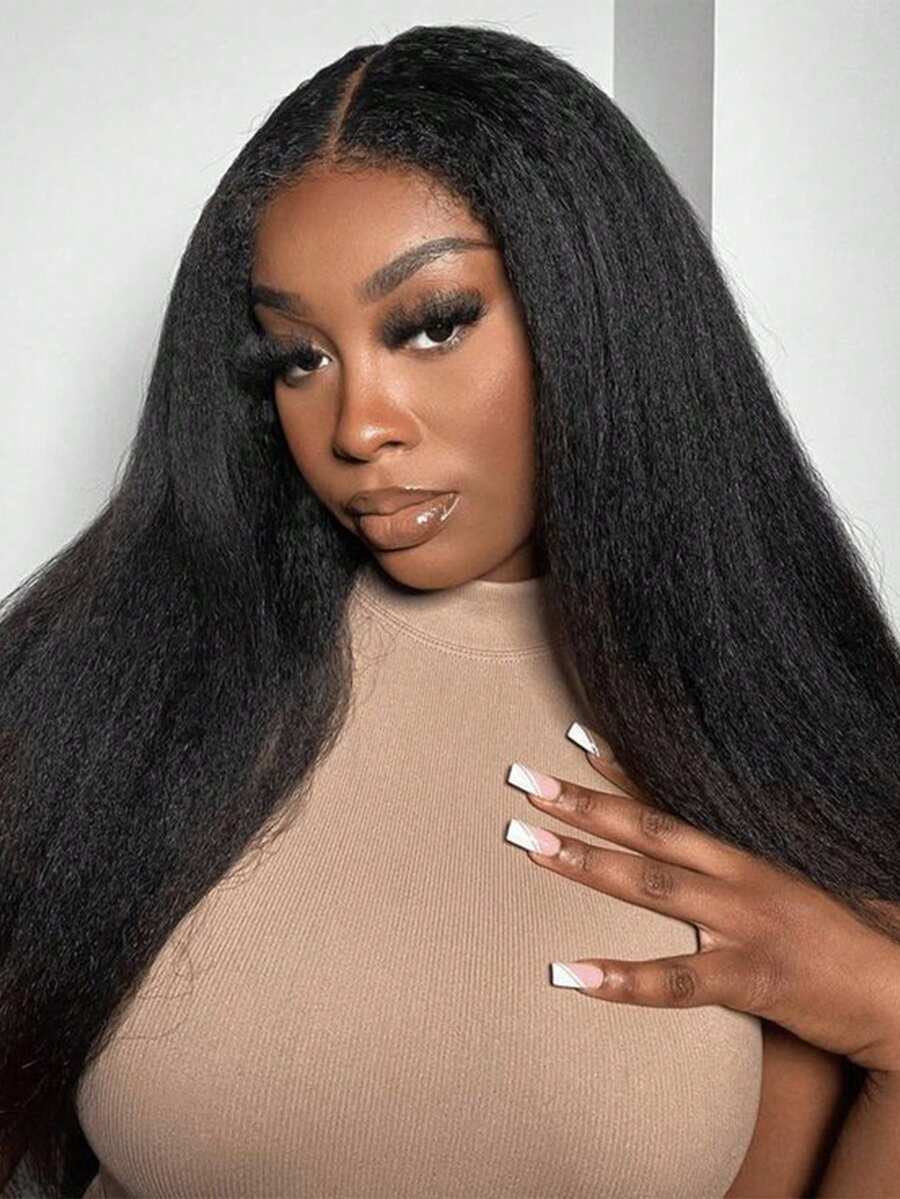 Tóc giả 26 inch màu tự nhiên tổng hợp thẳng xoăn phần giữa chịu nhiệt cho phụ nữ tóc giả thẳng hàng ngày Yaki - màu đen - Xem 1