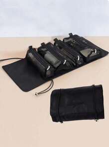 女性旅行化妝包，拉鍊網格可分裂化妝包，女士繩式化妝收納包，多功能大容量化妝袋時尚防水洗漱收納袋網袋化妝刷收納，旅行必備品組織者，掛式化妝包配件防水可攜式小袋開放式化妝品袋 - 黑色 - 查看 1