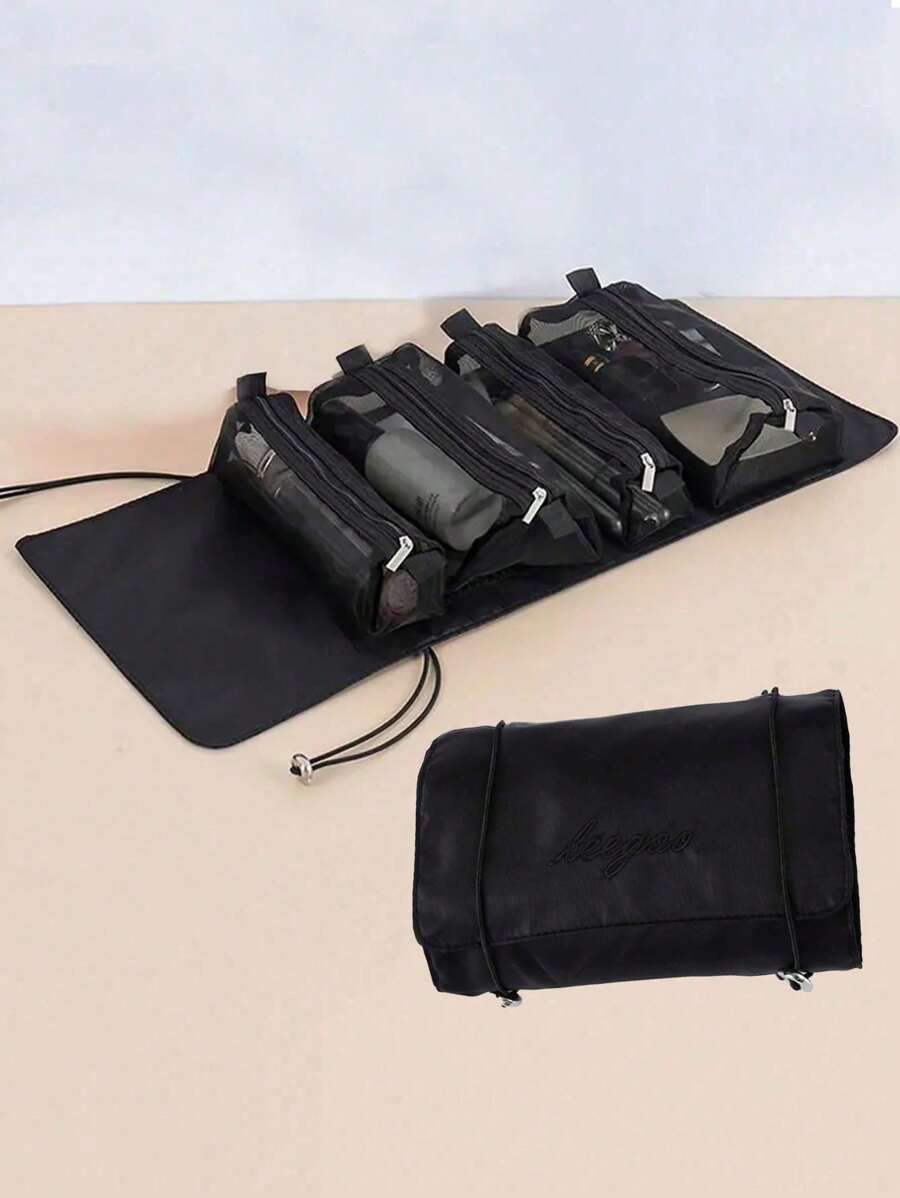 女性旅行化妝包，拉鍊網格可分裂化妝包，女士繩式化妝收納包，多功能大容量化妝袋時尚防水洗漱收納袋網袋化妝刷收納，旅行必備品組織者，掛式化妝包配件防水可攜式小袋開放式化妝品袋 - 黑色 - 查看 1