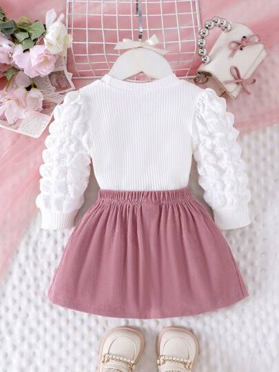 2 peças Conjunto de Top com Manga Bufante em Formato de Coração e Saia para Meninas Pequenas, Leve para Outono/Inverno