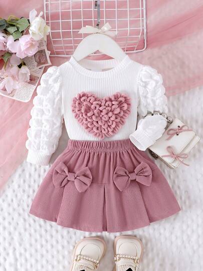 2pcs Toddler Girls' Elegant Heart Puff Sleeve Top + Skirt Set, Lightweight Autumn/Winter