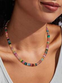 Collar de piedras naturales con cuentas de estilo bohemio en color dopamina, cadena de clavícula dulce y elegante para mujeres, adecuado para vacaciones de primavera/verano y uso diario