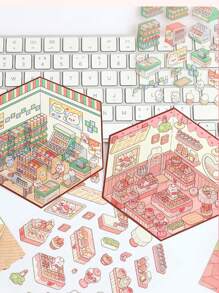 1 pièce/4 pièces Mini série d'autocollants de scène miniature : collection de maisons 3D pour le scrapbooking, la décoration sur étui de téléphone, les cadeaux de vacances, pour tuer le temps - Multicolore - Voir 2