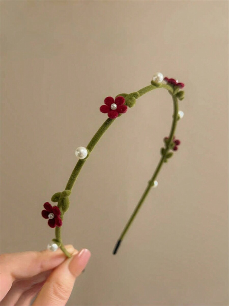 1pc Women Flocked Metal Flower Pearl Hair Hoop, Elegant Sweet Campus