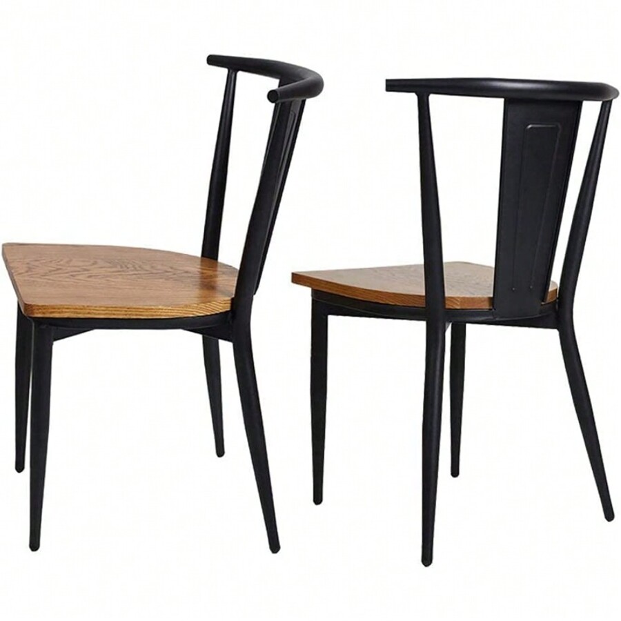 Stylish Set Of 2 Metal Chairs With Solid Wood Seat For Dining Rooms And