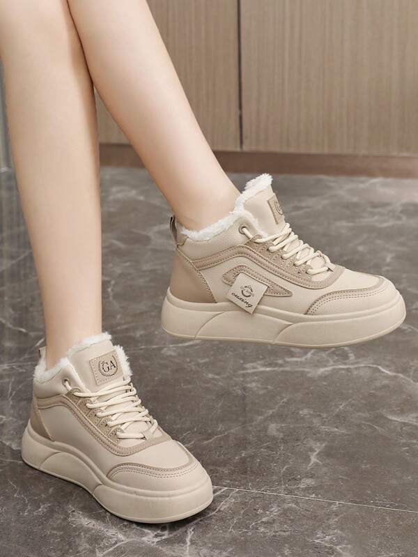 1 Pair Women's Winter Casual Shoes, New 2024 Autumn/Winter Comfortable And Warm Sports Sneakers, Plush Thick Sole Color-Block Student Platform Skateboard Shoes, Fashion Simple Design