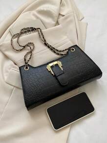 女士石纹腋下手提包小方形单肩包 - 黑色 - 查看 7