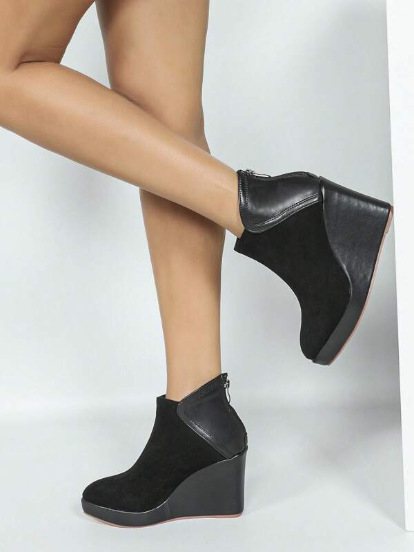 Women's Thick Bottom Wedge Heel Ankle Boots, Casual Fashion Shoes For Autumn/Winter, Suitable For Vacation, Travel And Daily Wear, Black Waterproof Wedge Short Boots Platform Shoes