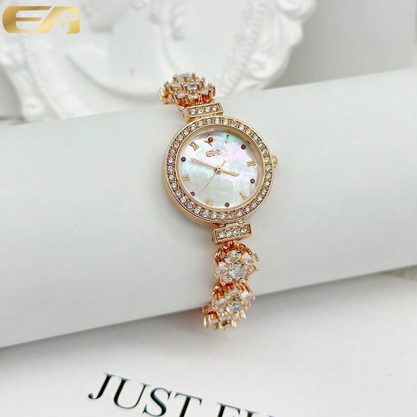EA 1 pieza Reloj de mujer con correa de metal cobre color oro rosa, con flor de la suerte, diamante natural, cuarzo de lujo resistente al agua, en caja de regalo para novia, Navidad, regalo para mamá