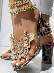 女士透明条纹水晶珍珠蝴蝶设计粗跟便鞋 - 豹紋 - 查看 3