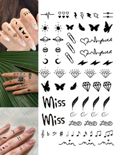 STARTTOOS Black Minimalist Fingerprint Temporary Tattoo Stickers, Mini Butterfly Diamond Feather Music Note Lightning Sun Heart Y2K Designs, DIY For Anime Convention, Carnival, Music Festival, Valentine's Day, Party Gifts, Waterproof Realistic Tattoo Stickers For Wrist, Ankle, Shoulder, Neck, Collarbone
