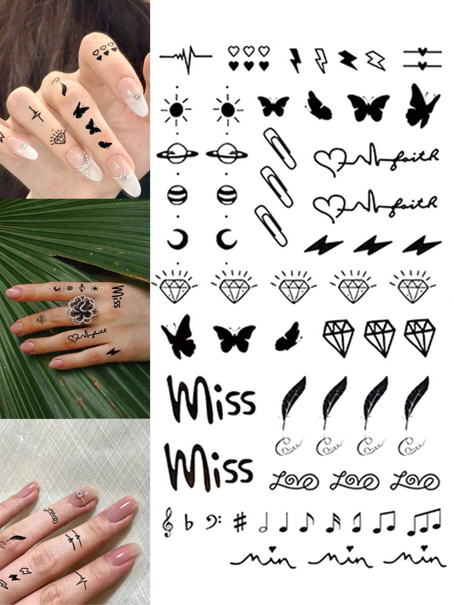 Sheet Of Temporary Tattoos With Designs Of Black Butterfly, Diamond