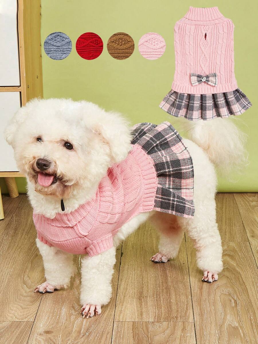 1 件狗狗毛衣裙适合小型犬冬季保暖狗狗高领毛衣柔软小狗针织衣服可爱狗狗连衣裙适合茶杯犬约克夏吉娃娃 - 粉色 - 查看 1