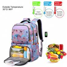 午餐背包，隔热冷藏背包午餐盒，男女通用，15.6 英寸 RFID 屏蔽笔记本电脑背包，带 USB 端口午餐袋，适用于工作旅行书包午餐手提袋冷藏盒收纳袋，女士可爱午餐包 Tiffin 包小卡通，适合女士儿童女童女童女士午餐盒袋，学校用品配件 - 粉色 - 查看 4