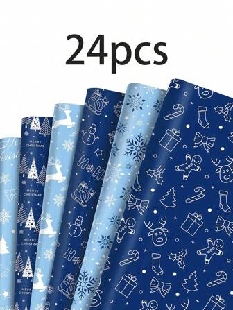12/24pcs Winter Christmas Wrapping Paper Blue Winter Christmas Gift Wrapping Paper Reindeer Snowman Christmas Tree Cherry Snowflake Gingerbread Man Pattern Wrapping Paper, Suitable For Winter Christmas Decoration