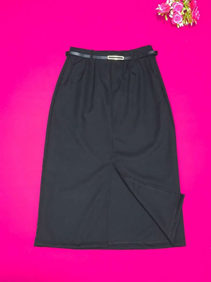 Midi Skirt With Belt, Tailored, Women's, High Waist, Elegant, Casual, Social - 黑色 - 查看 1
