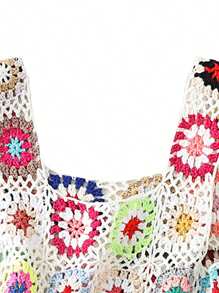 Womens Crochet Tank Top Knit Colorful Floral Embroidery Summer Boho Camisole Hollow Out Top - trắng - Xem 2