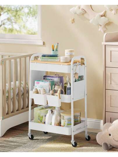 SONGMICS 3-Tier Storage Trolley, Rolling Cart With Table Top, 2 Removable Hanging Cups, 6 Side Pockets, Utility Cart For Living Room, Office, Kitchen, Bathroom, Cloud White