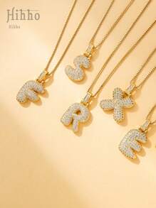 1 件/套 26 件不锈钢方晶锆石英文字母吊坠项链女士 - 金黃色 - 查看 4