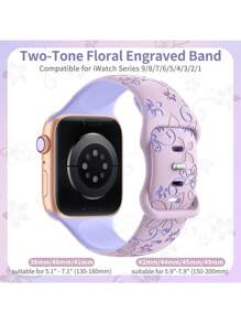 花卉雕刻表带，兼容 41mm、40mm、44mm、45mm、42mm、38mm、49mm、46mm 表带，可爱花朵图案，柔软硅胶运动表带，兼容 Series 11、10、SE、9、8、7、6、5、4、3、Ultra，女士时尚花卉元素表带 - 燻衣草紫配天藍色花 - 查看 2