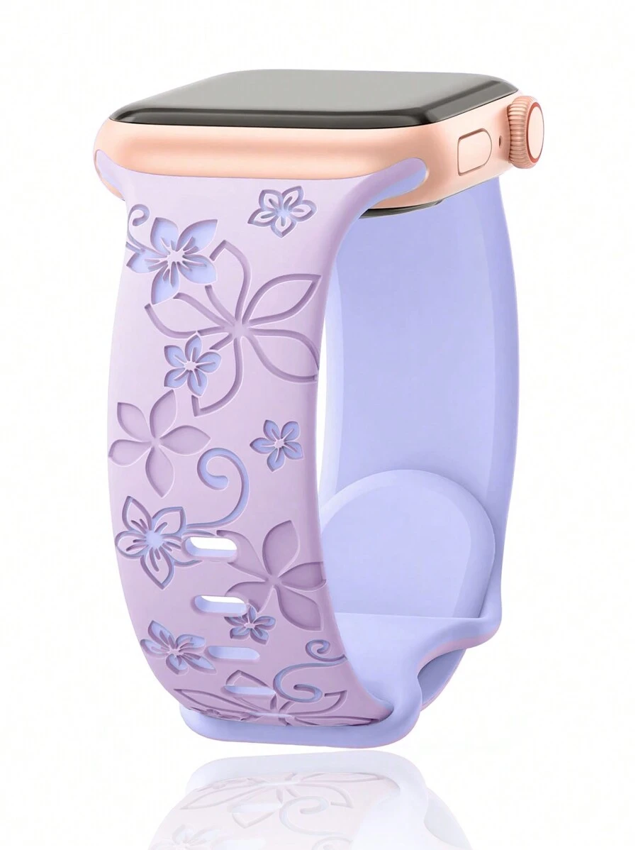 花卉雕刻表带，兼容 41mm、40mm、44mm、45mm、42mm、38mm、49mm、46mm 表带，可爱花朵图案，柔软硅胶运动表带，兼容 Series 11、10、SE、9、8、7、6、5、4、3、Ultra，女士时尚花卉元素表带 - 燻衣草紫配天藍色花 - 查看 1