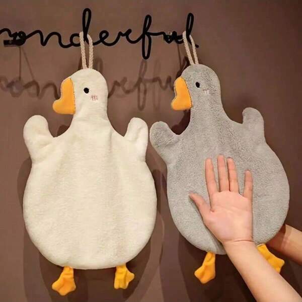 1pc Cartoon Goose Hand Towel, Fast-Drying Coral Fleece Towel With Strong Water Absorption, Suitable For Hanging In Kitchen, Bathroom, And Bedroom (Gray) Back To School