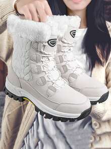 女士防水雪地靴，带蓬松衬里、厚橡胶鞋底和可调节鞋带，适合冬季户外穿着 [尺码 36-42] - 白色 - 查看 2