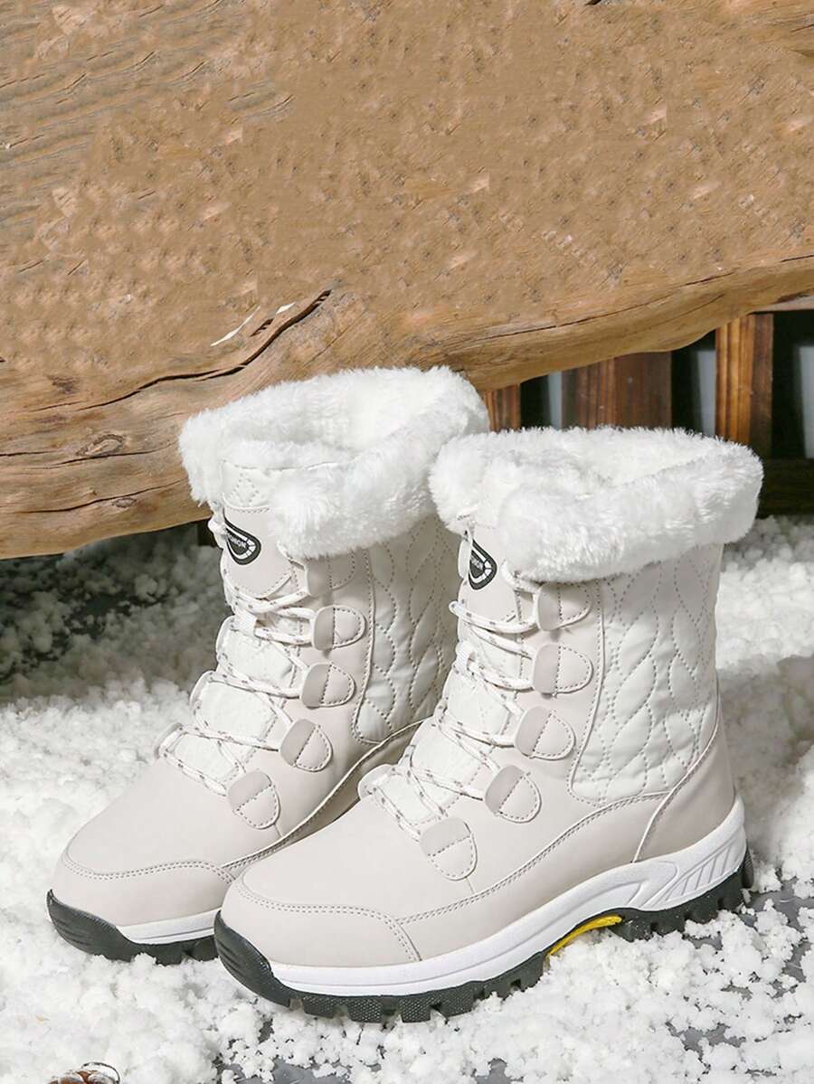 女士防水雪地靴，带蓬松衬里、厚橡胶鞋底和可调节鞋带，适合冬季户外穿着 [尺码 36-42] - 白色 - 查看 1