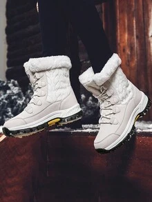 女士防水雪地靴，带蓬松衬里、厚橡胶鞋底和可调节鞋带，适合冬季户外穿着 [尺码 36-42] - 白色 - 查看 7