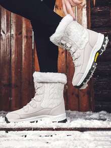 女士防水雪地靴，带蓬松衬里、厚橡胶鞋底和可调节鞋带，适合冬季户外穿着 [尺码 36-42] - 白色 - 查看 6