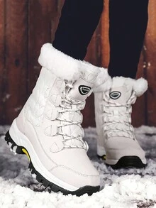 女士防水雪地靴，带蓬松衬里、厚橡胶鞋底和可调节鞋带，适合冬季户外穿着 [尺码 36-42] - 白色 - 查看 3