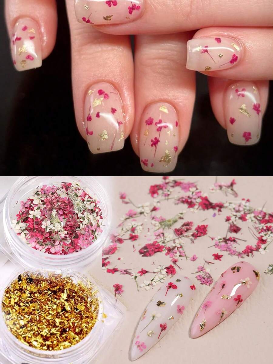 2 Bottles Of Nail Accessories Artificial Mixed Pink Flowers Broken