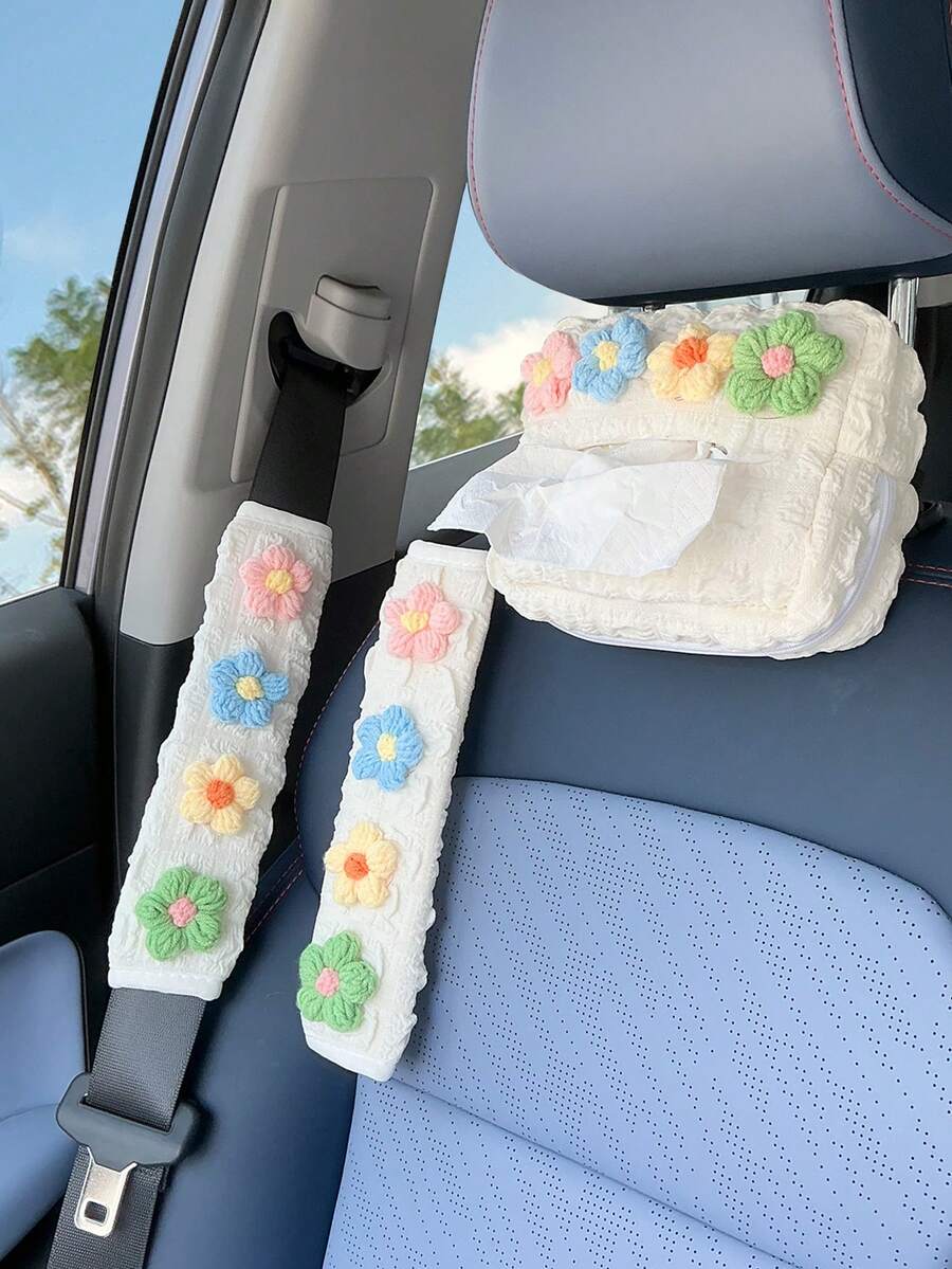 1 Bộ: Vỏ dây an toàn ô tô họa tiết hoa bồng dễ thương, Bảo vệ vai, + 1 hộp đựng khăn giấy hoa bồng màu trắng, Phụ kiện ô tô cho mọi mùa