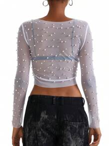 Women T-Shirt, Long Sleeve Crew Neck See-Through Pearls Slim Fit Ladies Tops For Club Party - White - View 4